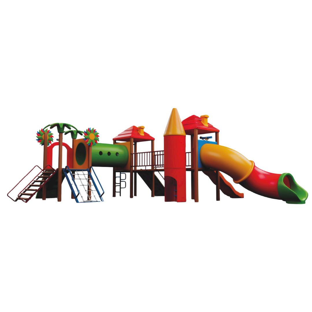 Parque Infantil com Três Torres, Tobogã, Escorregador Ondulado e Rampas – Estrutura em Madeira Plástica