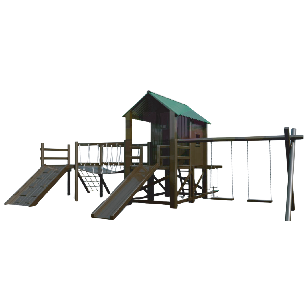 Casa Deck com Balanço Triplo em Madeira – Playground Completo com Escorregador e Ponte Pênsil